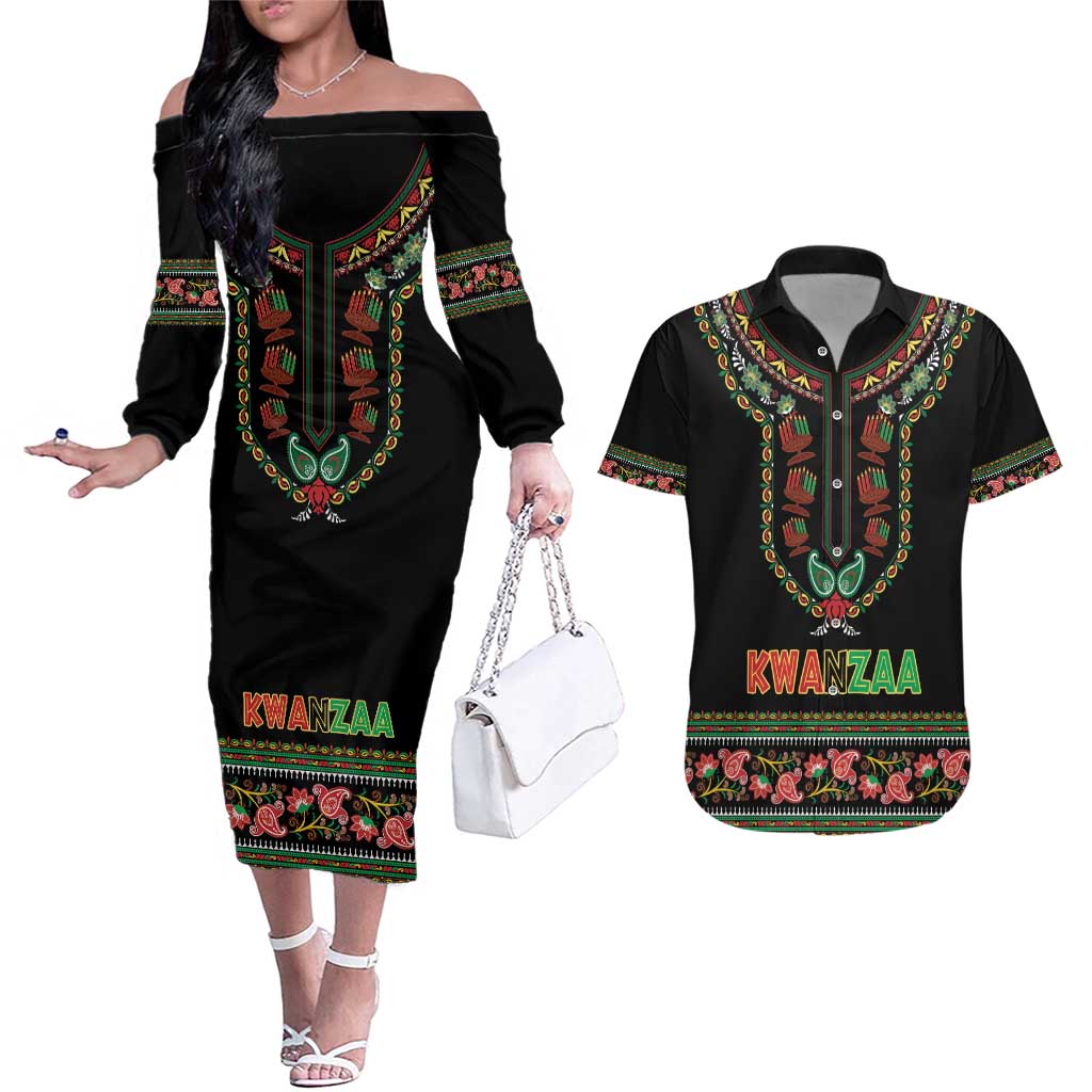 Personalized African-American Kwanzaa Couples Matching Off The Shoulder Long Sleeve Dress and Hawaiian Shirt Dashiki Mix Paisley Pattern - Wonder Print Shop