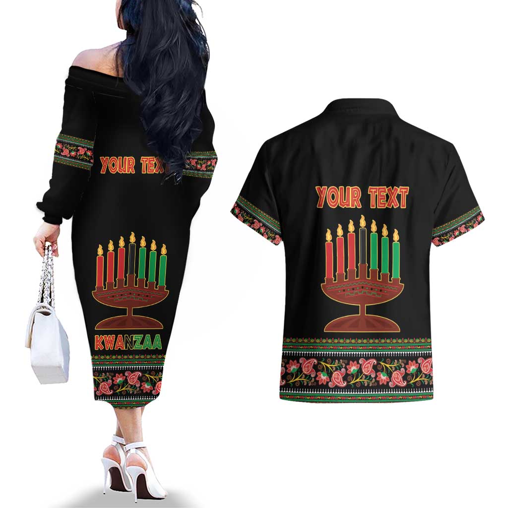 Personalized African-American Kwanzaa Couples Matching Off The Shoulder Long Sleeve Dress and Hawaiian Shirt Dashiki Mix Paisley Pattern - Wonder Print Shop