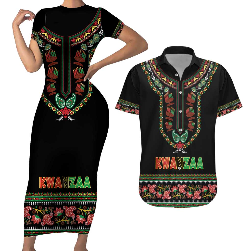 Personalized African-American Kwanzaa Couples Matching Short Sleeve Bodycon Dress and Hawaiian Shirt Dashiki Mix Paisley Pattern - Wonder Print Shop