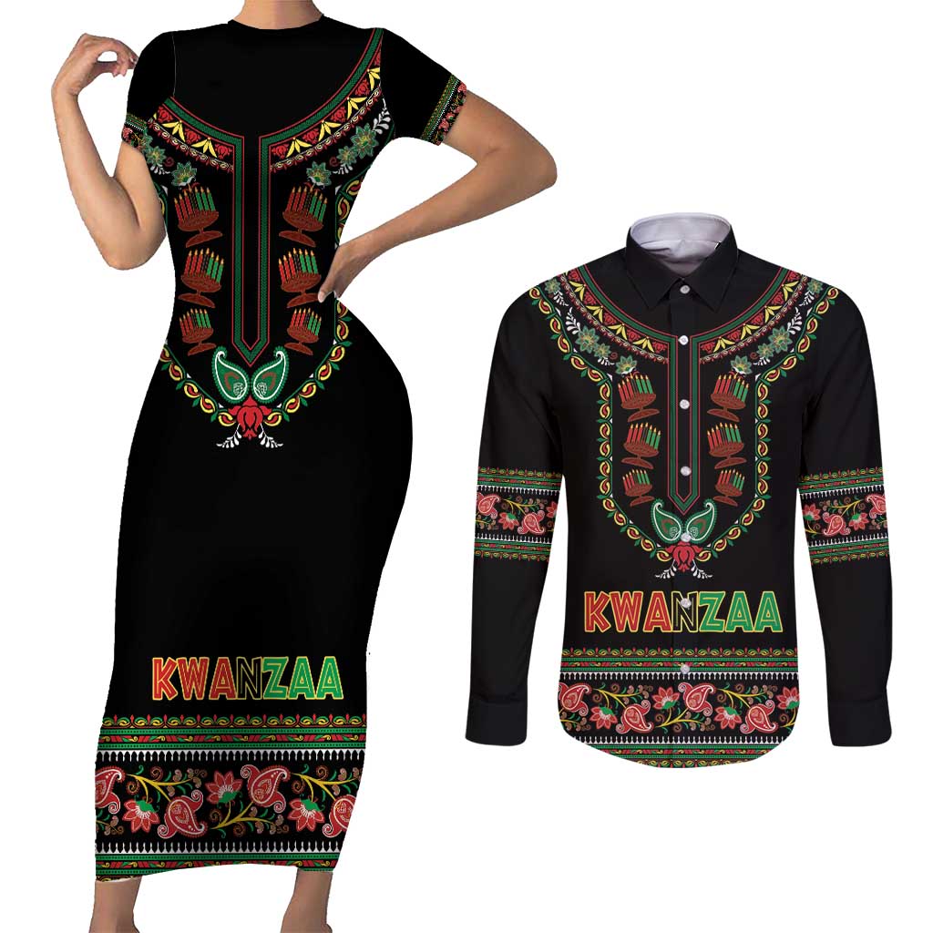 Personalized African-American Kwanzaa Couples Matching Short Sleeve Bodycon Dress and Long Sleeve Button Shirt Dashiki Mix Paisley Pattern - Wonder Print Shop