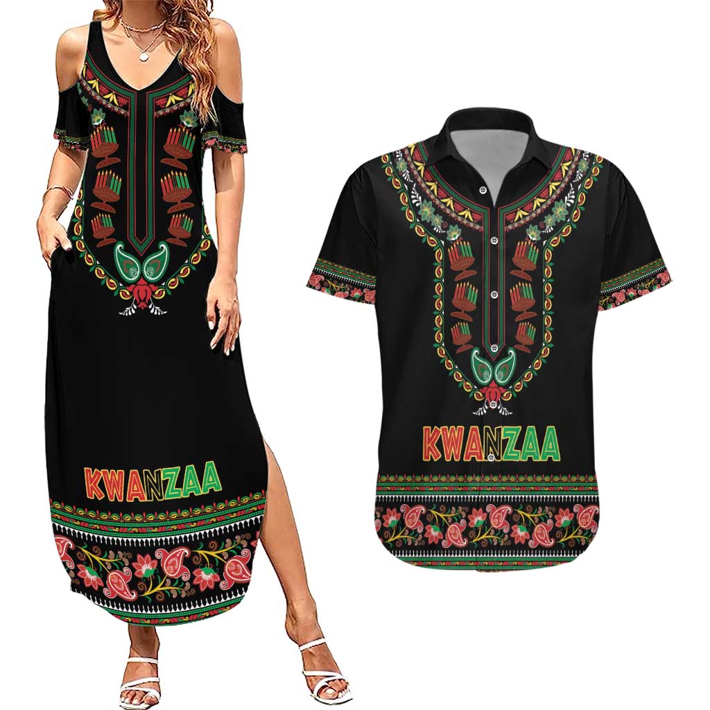 Personalized African-American Kwanzaa Couples Matching Summer Maxi Dress and Hawaiian Shirt Dashiki Mix Paisley Pattern - Wonder Print Shop