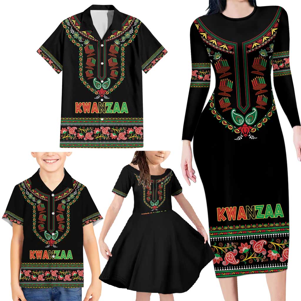 Personalized African-American Kwanzaa Family Matching Long Sleeve Bodycon Dress and Hawaiian Shirt Dashiki Mix Paisley Pattern - Wonder Print Shop