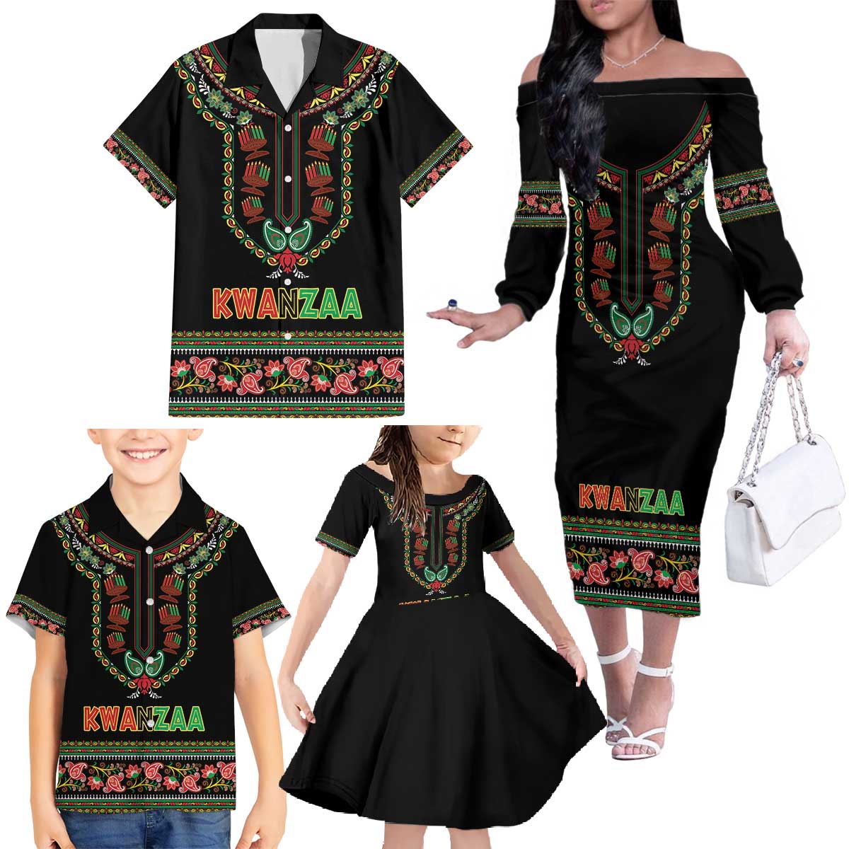 Personalized African-American Kwanzaa Family Matching Off The Shoulder Long Sleeve Dress and Hawaiian Shirt Dashiki Mix Paisley Pattern - Wonder Print Shop