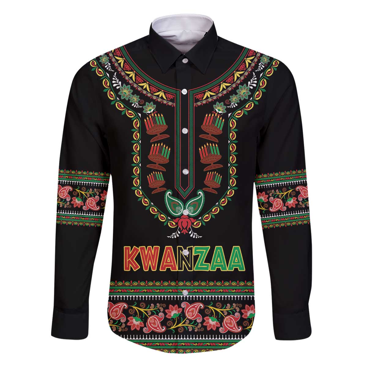 Personalized African-American Kwanzaa Family Matching Off The Shoulder Long Sleeve Dress and Hawaiian Shirt Dashiki Mix Paisley Pattern - Wonder Print Shop