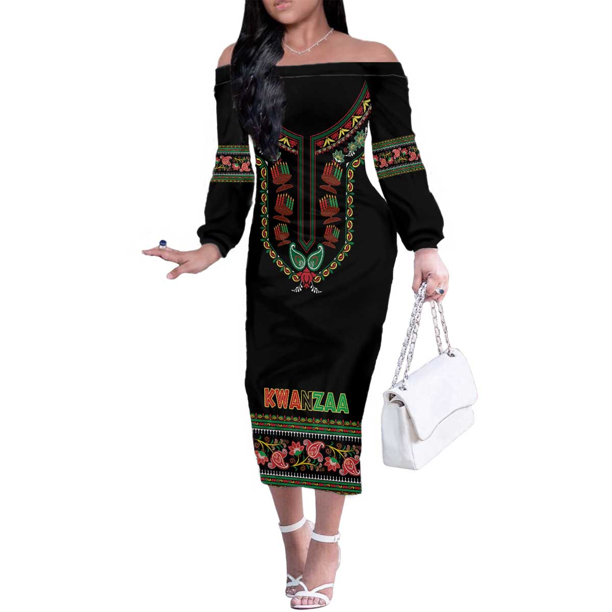 Personalized African-American Kwanzaa Family Matching Off The Shoulder Long Sleeve Dress and Hawaiian Shirt Dashiki Mix Paisley Pattern - Wonder Print Shop