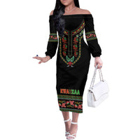 Personalized African-American Kwanzaa Family Matching Off The Shoulder Long Sleeve Dress and Hawaiian Shirt Dashiki Mix Paisley Pattern - Wonder Print Shop
