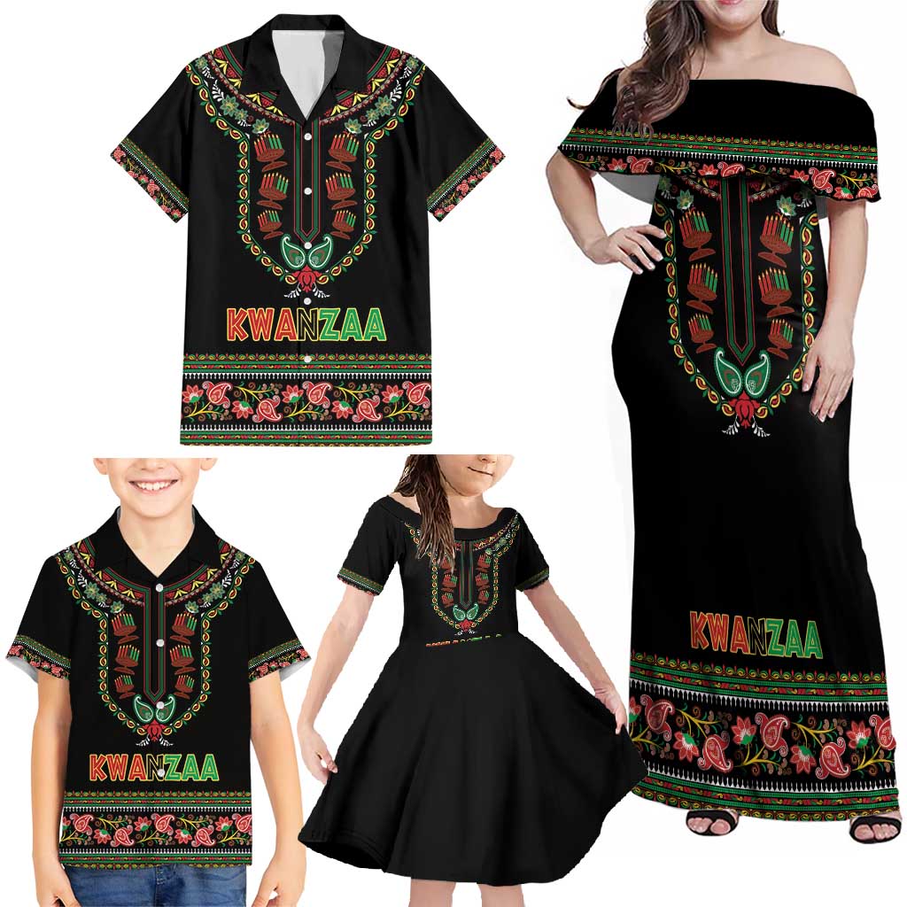 Personalized African-American Kwanzaa Family Matching Off Shoulder Maxi Dress and Hawaiian Shirt Dashiki Mix Paisley Pattern - Wonder Print Shop