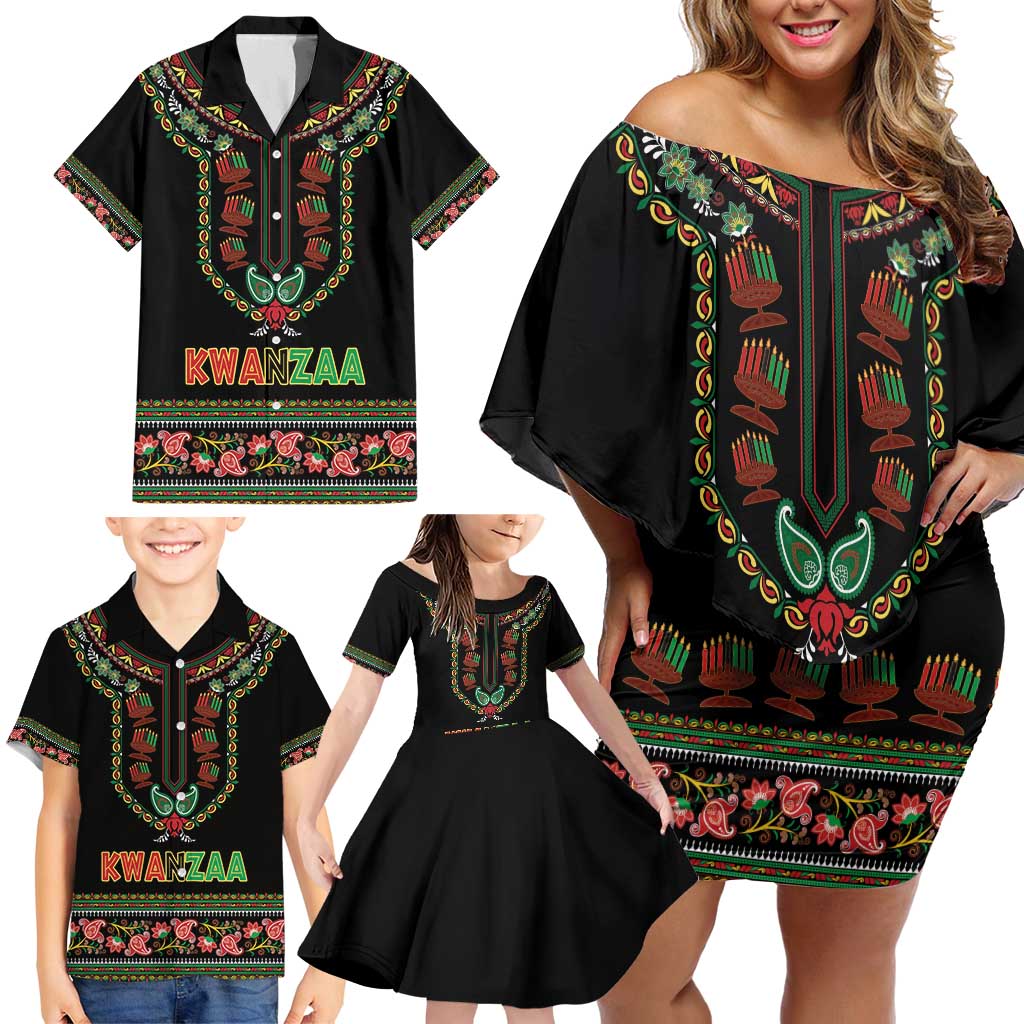 Personalized African-American Kwanzaa Family Matching Off Shoulder Short Dress and Hawaiian Shirt Dashiki Mix Paisley Pattern - Wonder Print Shop