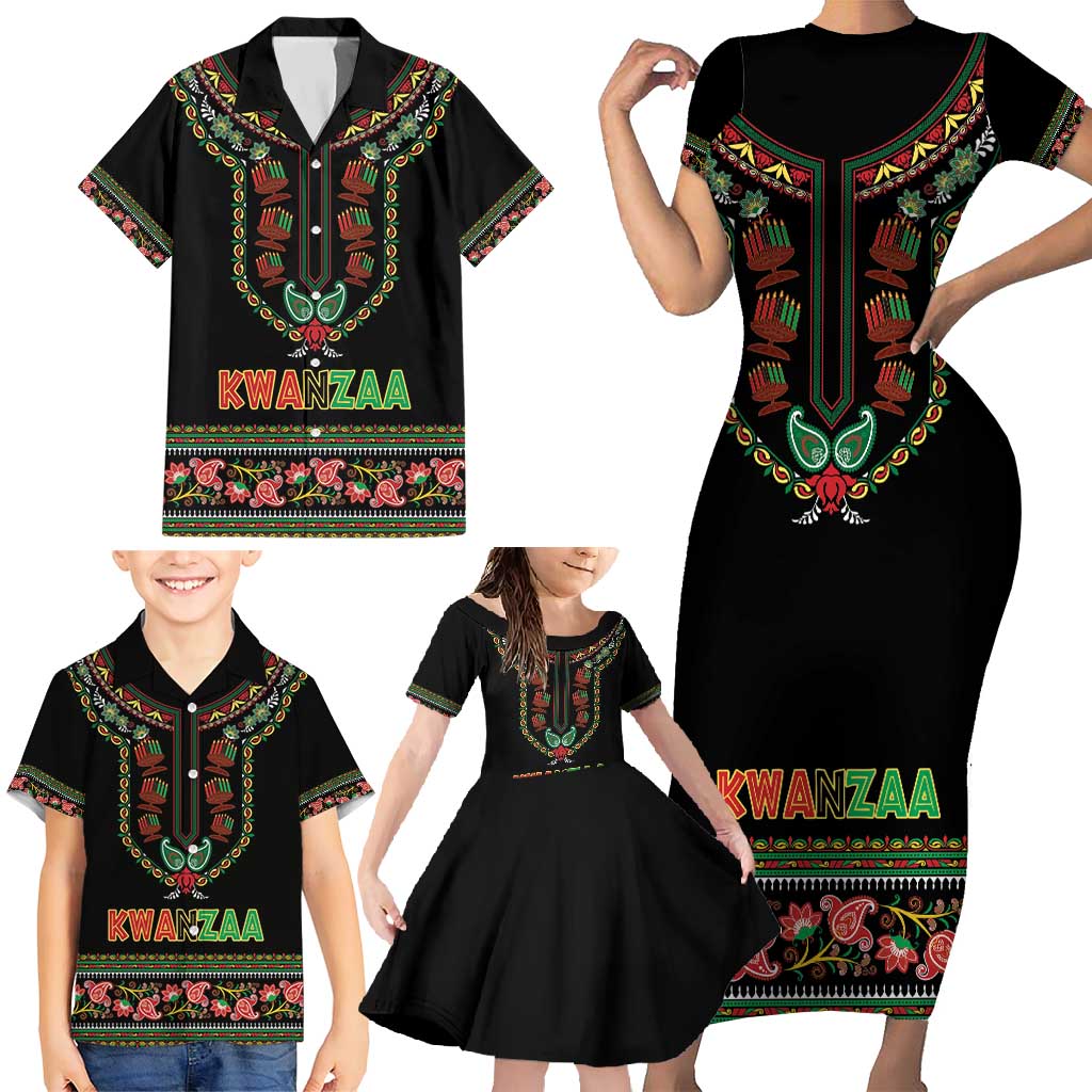 Personalized African-American Kwanzaa Family Matching Short Sleeve Bodycon Dress and Hawaiian Shirt Dashiki Mix Paisley Pattern - Wonder Print Shop
