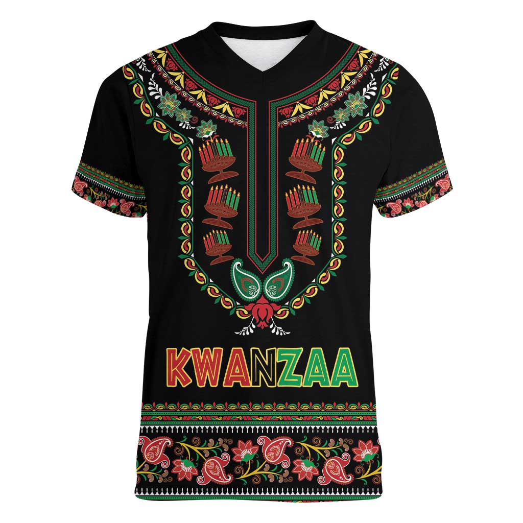 Personalized African-American Kwanzaa Women V-Neck T-Shirt Dashiki Mix Paisley Pattern - Wonder Print Shop