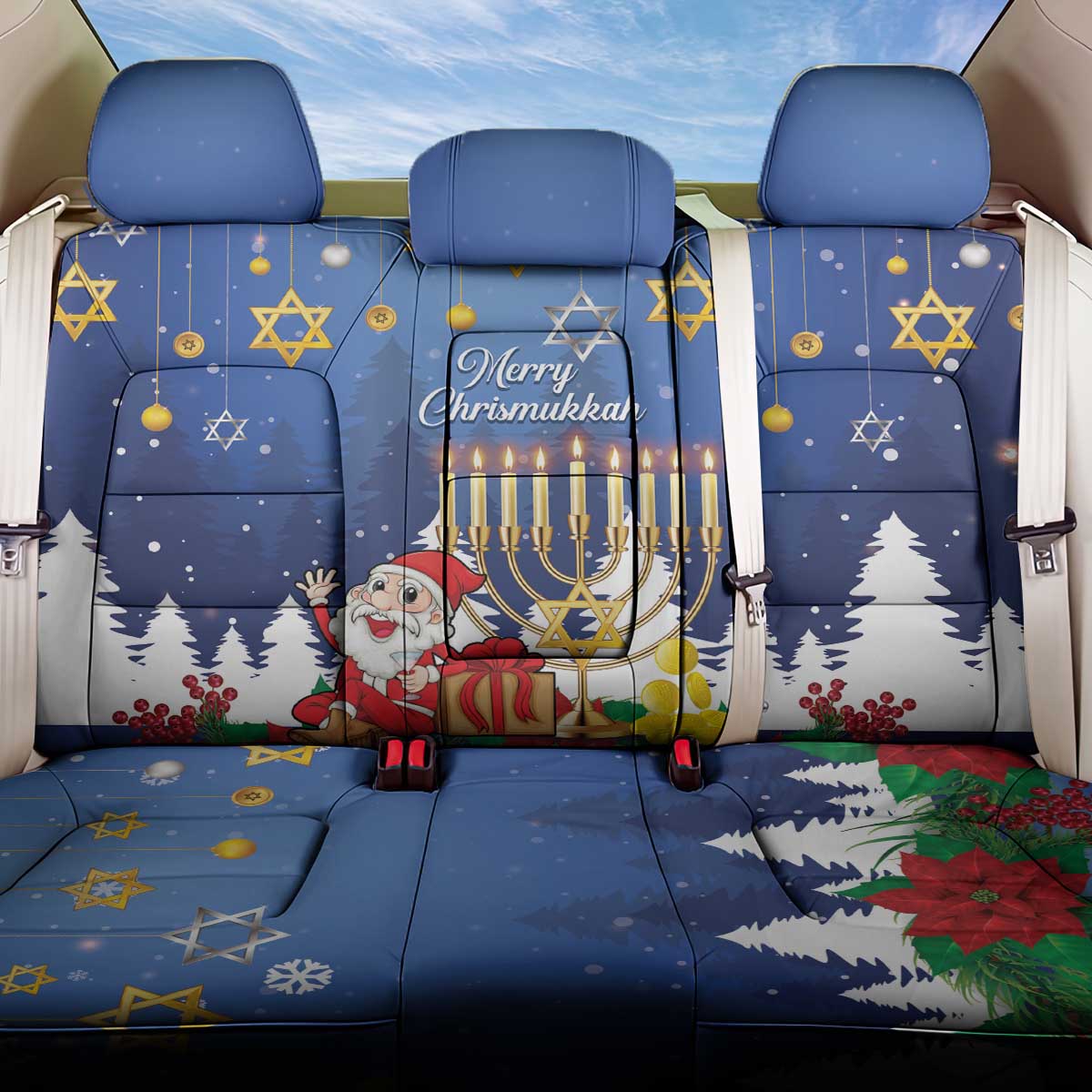 Merry Chrismukkah Back Car Seat Cover Hanukkah Memorah Mix Poinsettia - Wonder Print Shop