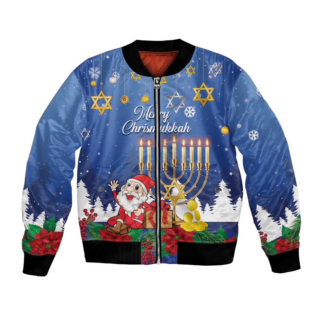 Personalised Merry Chrismukkah Bomber Jacket Hanukkah Memorah Mix Poinsettia - Wonder Print Shop