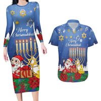 Personalised Merry Chrismukkah Couples Matching Long Sleeve Bodycon Dress and Hawaiian Shirt Hanukkah Memorah Mix Poinsettia - Wonder Print Shop