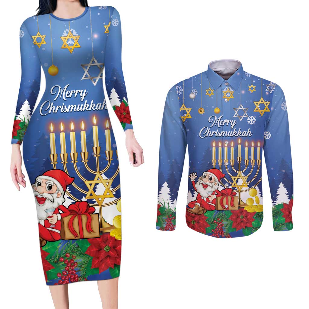 Personalised Merry Chrismukkah Couples Matching Long Sleeve Bodycon Dress and Long Sleeve Button Shirt Hanukkah Memorah Mix Poinsettia - Wonder Print Shop