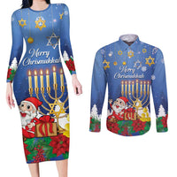 Personalised Merry Chrismukkah Couples Matching Long Sleeve Bodycon Dress and Long Sleeve Button Shirt Hanukkah Memorah Mix Poinsettia - Wonder Print Shop