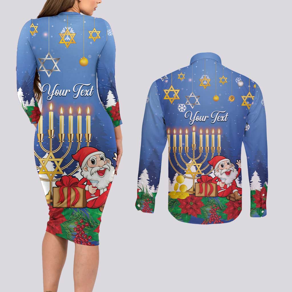 Personalised Merry Chrismukkah Couples Matching Long Sleeve Bodycon Dress and Long Sleeve Button Shirt Hanukkah Memorah Mix Poinsettia - Wonder Print Shop