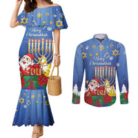 Personalised Merry Chrismukkah Couples Matching Mermaid Dress and Long Sleeve Button Shirt Hanukkah Memorah Mix Poinsettia