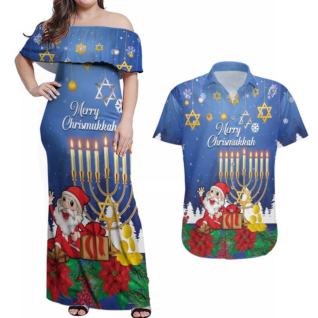 Personalised Merry Chrismukkah Couples Matching Off Shoulder Maxi Dress and Hawaiian Shirt Hanukkah Memorah Mix Poinsettia - Wonder Print Shop