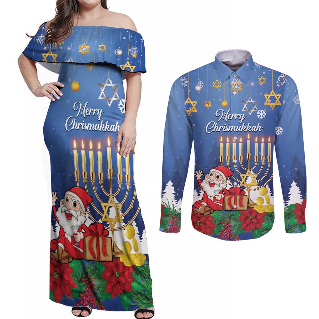 Personalised Merry Chrismukkah Couples Matching Off Shoulder Maxi Dress and Long Sleeve Button Shirt Hanukkah Memorah Mix Poinsettia - Wonder Print Shop