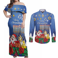 Personalised Merry Chrismukkah Couples Matching Off Shoulder Maxi Dress and Long Sleeve Button Shirt Hanukkah Memorah Mix Poinsettia - Wonder Print Shop
