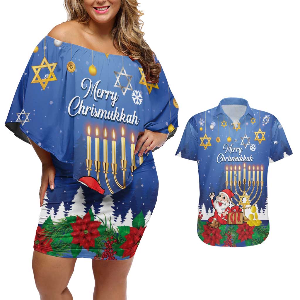 Personalised Merry Chrismukkah Couples Matching Off Shoulder Short Dress and Hawaiian Shirt Hanukkah Memorah Mix Poinsettia - Wonder Print Shop