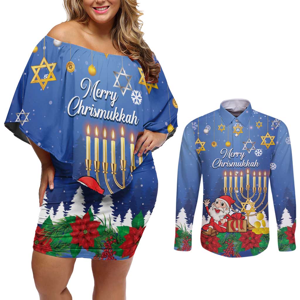 Personalised Merry Chrismukkah Couples Matching Off Shoulder Short Dress and Long Sleeve Button Shirt Hanukkah Memorah Mix Poinsettia - Wonder Print Shop