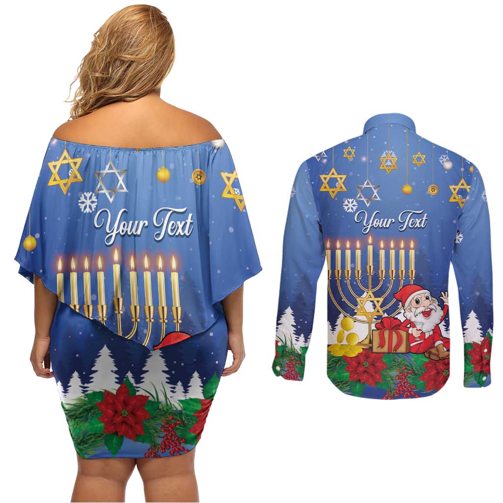 Personalised Merry Chrismukkah Couples Matching Off Shoulder Short Dress and Long Sleeve Button Shirt Hanukkah Memorah Mix Poinsettia - Wonder Print Shop