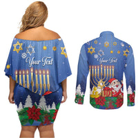 Personalised Merry Chrismukkah Couples Matching Off Shoulder Short Dress and Long Sleeve Button Shirt Hanukkah Memorah Mix Poinsettia - Wonder Print Shop