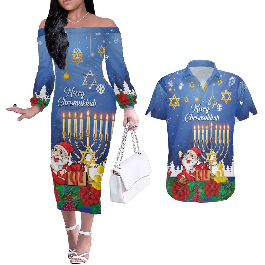Personalised Merry Chrismukkah Couples Matching Off The Shoulder Long Sleeve Dress and Hawaiian Shirt Hanukkah Memorah Mix Poinsettia - Wonder Print Shop
