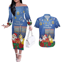 Personalised Merry Chrismukkah Couples Matching Off The Shoulder Long Sleeve Dress and Hawaiian Shirt Hanukkah Memorah Mix Poinsettia - Wonder Print Shop