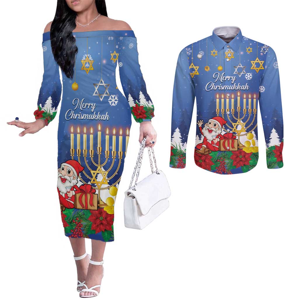 Personalised Merry Chrismukkah Couples Matching Off The Shoulder Long Sleeve Dress and Long Sleeve Button Shirt Hanukkah Memorah Mix Poinsettia