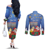 Personalised Merry Chrismukkah Couples Matching Off The Shoulder Long Sleeve Dress and Long Sleeve Button Shirt Hanukkah Memorah Mix Poinsettia