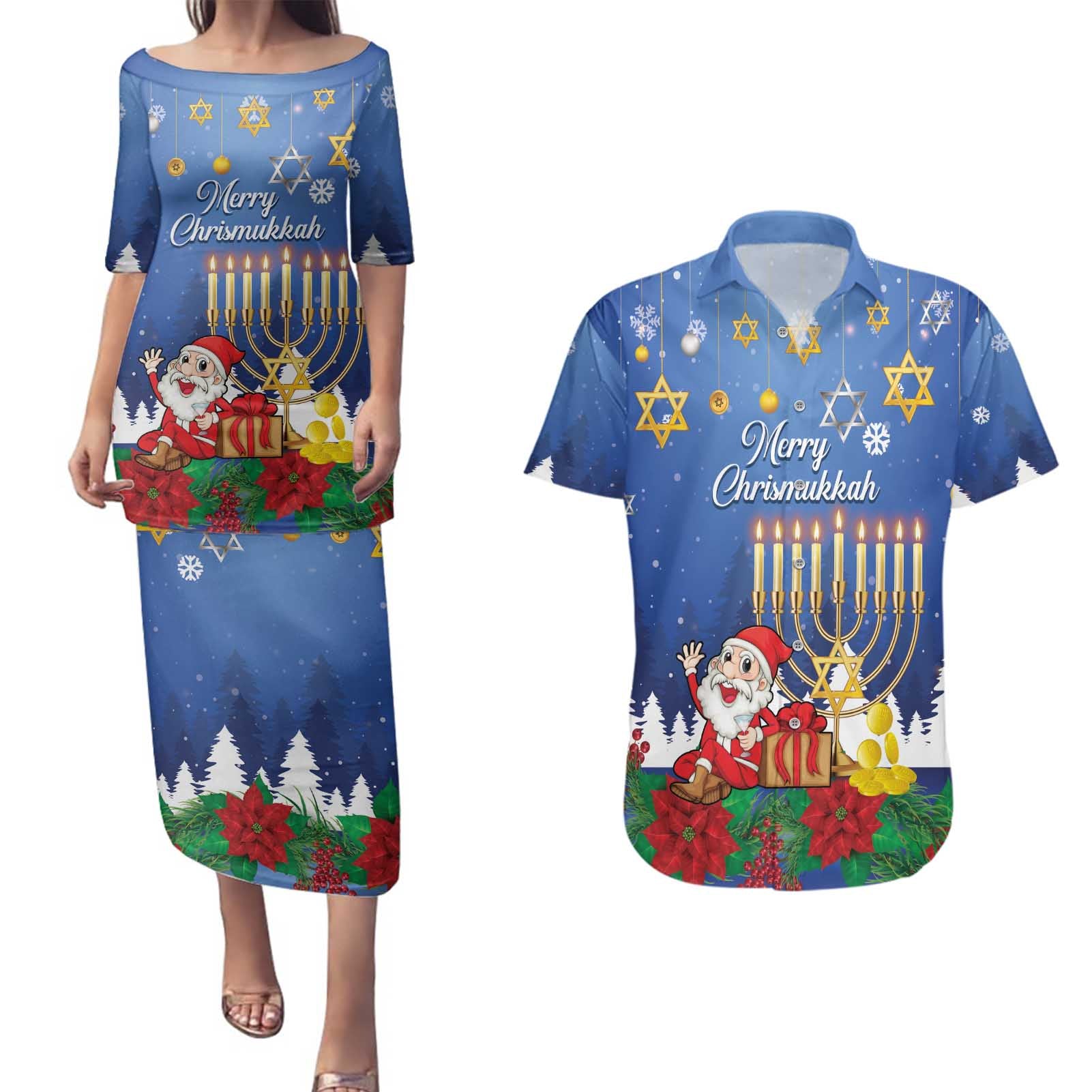 Personalised Merry Chrismukkah Couples Matching Puletasi and Hawaiian Shirt Hanukkah Memorah Mix Poinsettia - Wonder Print Shop