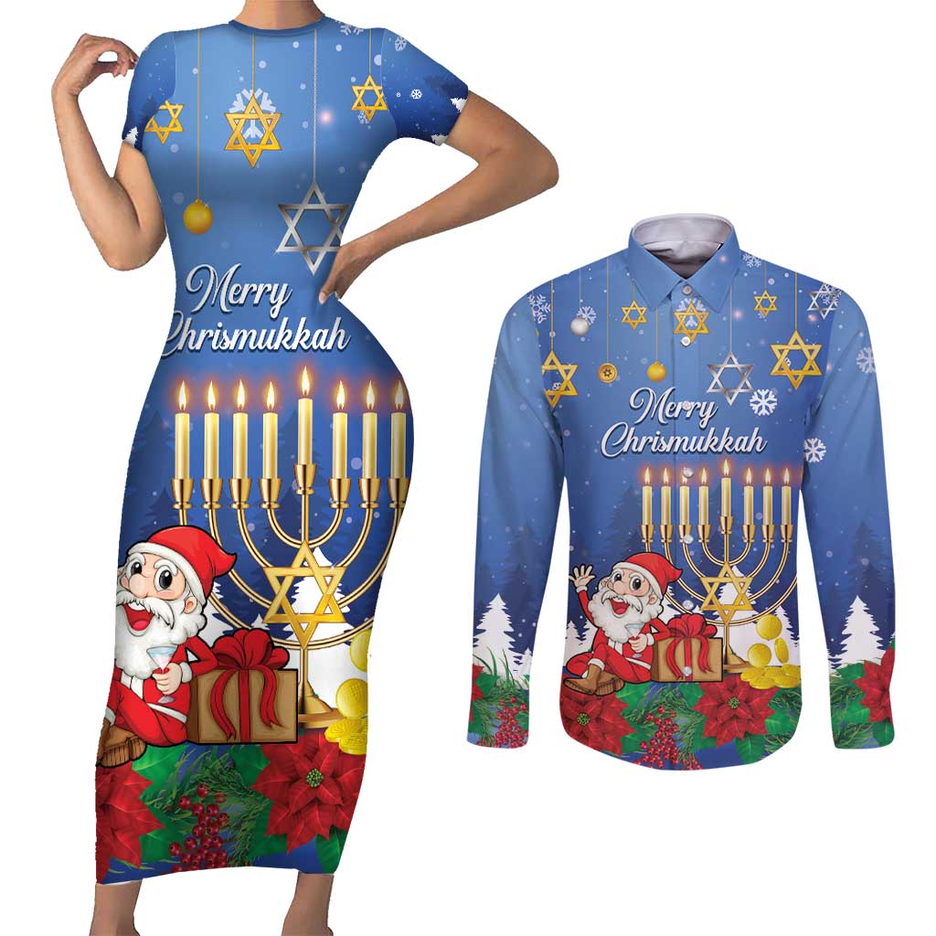 Personalised Merry Chrismukkah Couples Matching Short Sleeve Bodycon Dress and Long Sleeve Button Shirt Hanukkah Memorah Mix Poinsettia - Wonder Print Shop