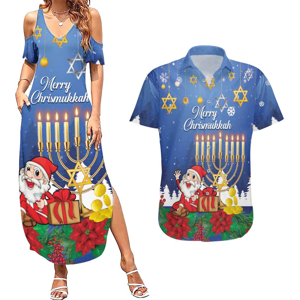 Personalised Merry Chrismukkah Couples Matching Summer Maxi Dress and Hawaiian Shirt Hanukkah Memorah Mix Poinsettia - Wonder Print Shop