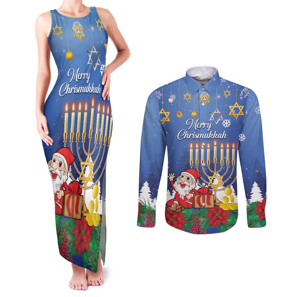 Personalised Merry Chrismukkah Couples Matching Tank Maxi Dress and Long Sleeve Button Shirt Hanukkah Memorah Mix Poinsettia - Wonder Print Shop