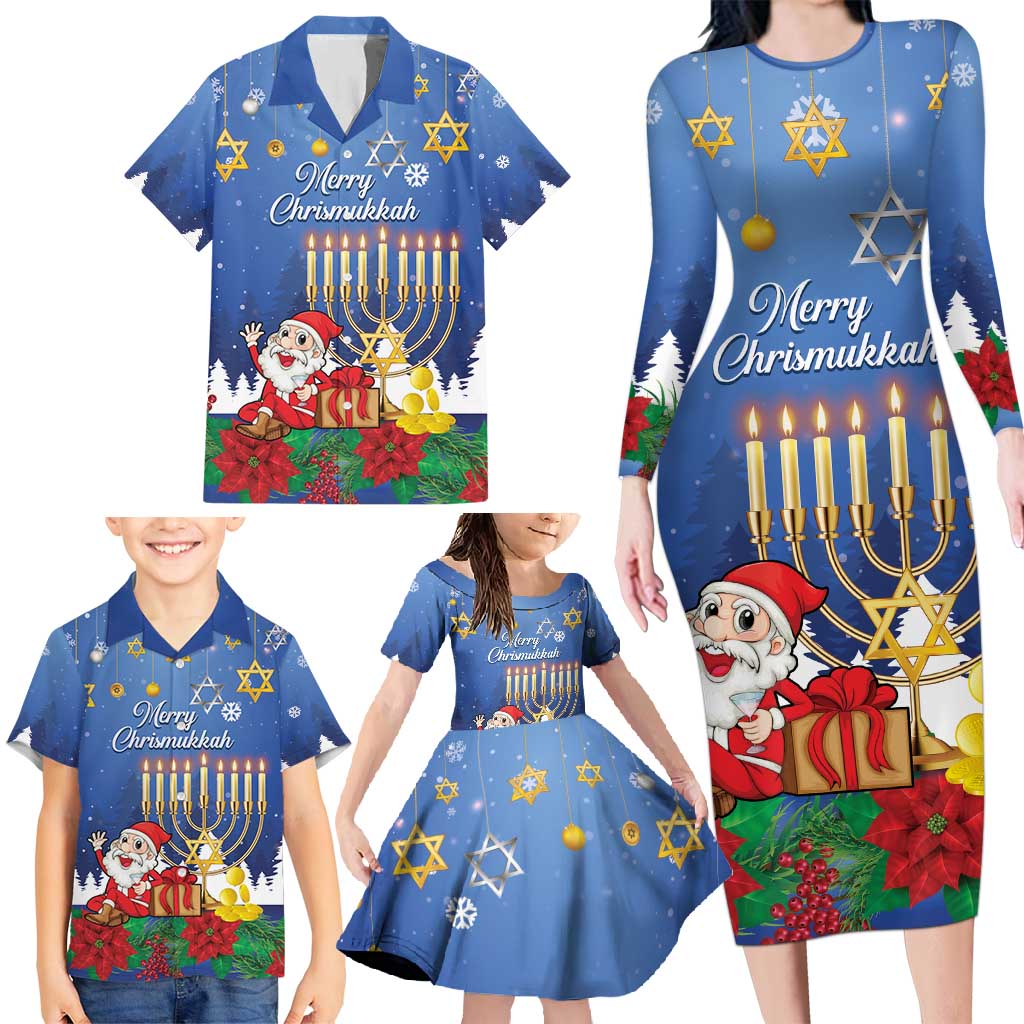 Personalised Merry Chrismukkah Family Matching Long Sleeve Bodycon Dress and Hawaiian Shirt Hanukkah Memorah Mix Poinsettia - Wonder Print Shop