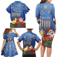Personalised Merry Chrismukkah Family Matching Long Sleeve Bodycon Dress and Hawaiian Shirt Hanukkah Memorah Mix Poinsettia - Wonder Print Shop