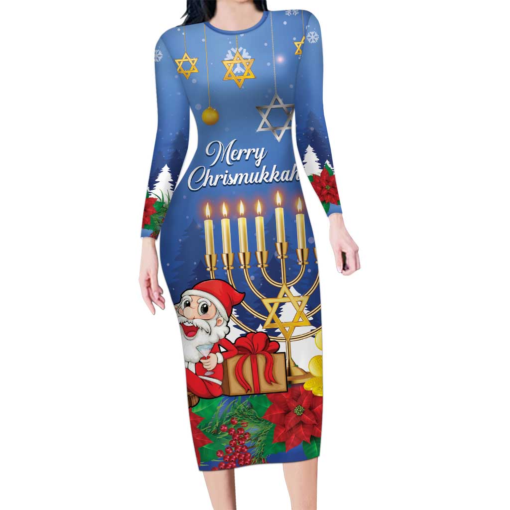 Personalised Merry Chrismukkah Family Matching Long Sleeve Bodycon Dress and Hawaiian Shirt Hanukkah Memorah Mix Poinsettia - Wonder Print Shop