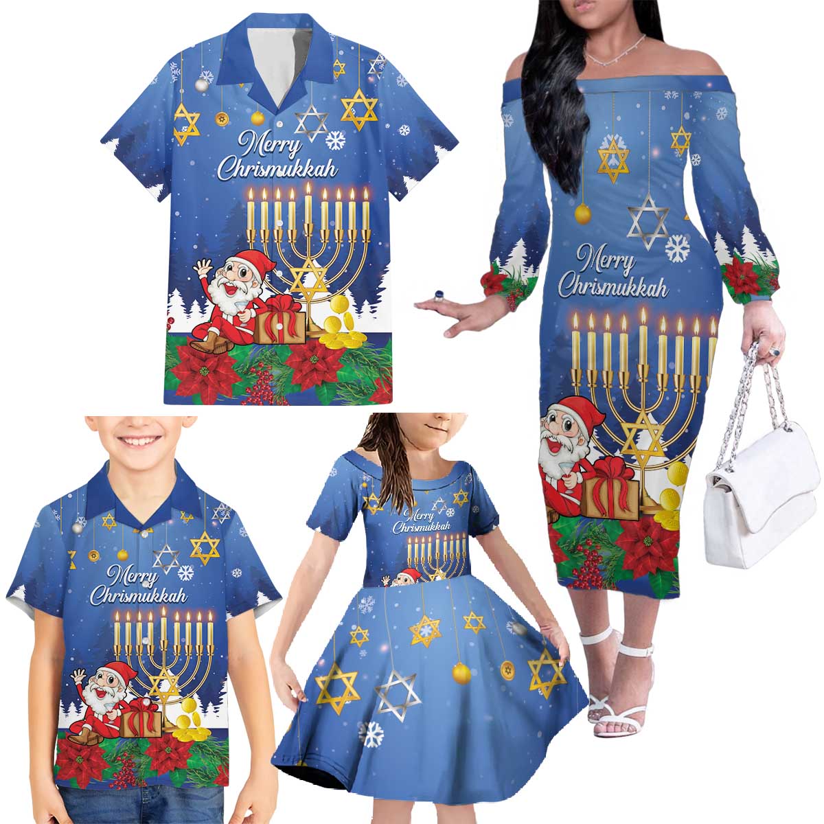 Personalised Merry Chrismukkah Family Matching Off The Shoulder Long Sleeve Dress and Hawaiian Shirt Hanukkah Memorah Mix Poinsettia - Wonder Print Shop