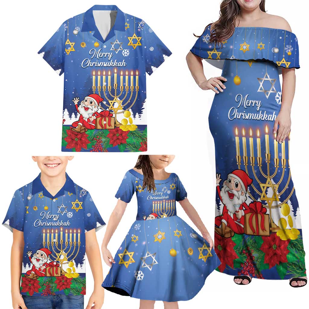 Personalised Merry Chrismukkah Family Matching Off Shoulder Maxi Dress and Hawaiian Shirt Hanukkah Memorah Mix Poinsettia - Wonder Print Shop