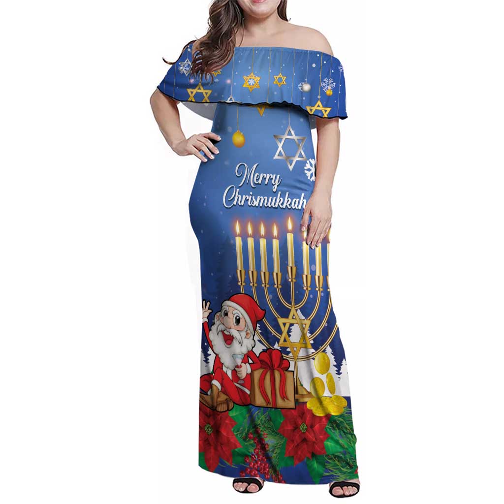 Personalised Merry Chrismukkah Family Matching Off Shoulder Maxi Dress and Hawaiian Shirt Hanukkah Memorah Mix Poinsettia - Wonder Print Shop