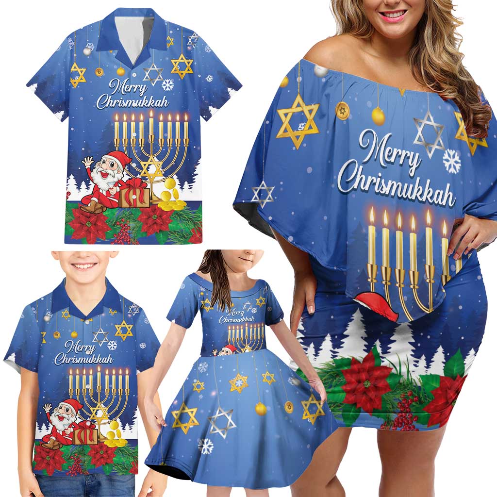 Personalised Merry Chrismukkah Family Matching Off Shoulder Short Dress and Hawaiian Shirt Hanukkah Memorah Mix Poinsettia - Wonder Print Shop