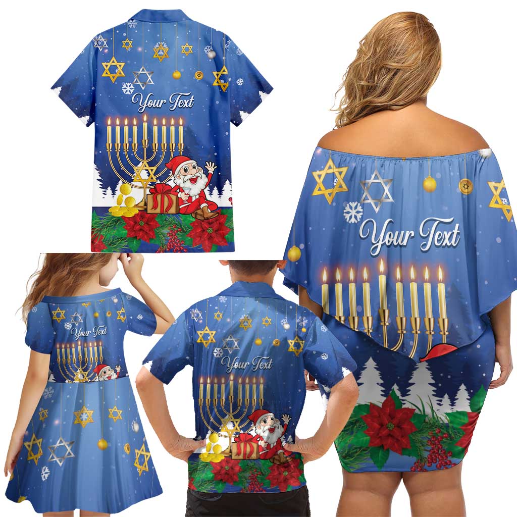 Personalised Merry Chrismukkah Family Matching Off Shoulder Short Dress and Hawaiian Shirt Hanukkah Memorah Mix Poinsettia - Wonder Print Shop