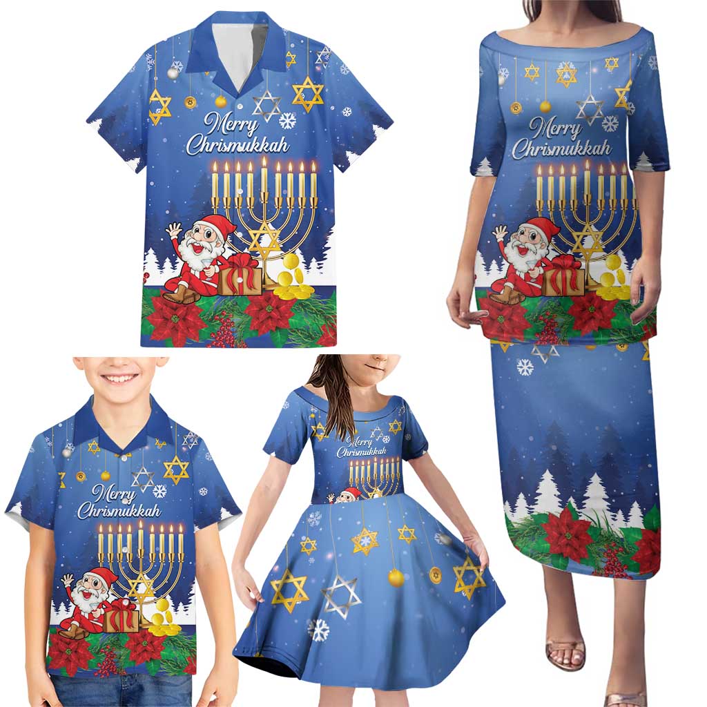 Personalised Merry Chrismukkah Family Matching Puletasi and Hawaiian Shirt Hanukkah Memorah Mix Poinsettia - Wonder Print Shop