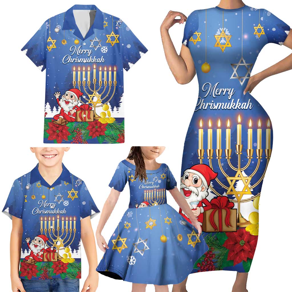 Personalised Merry Chrismukkah Family Matching Short Sleeve Bodycon Dress and Hawaiian Shirt Hanukkah Memorah Mix Poinsettia - Wonder Print Shop