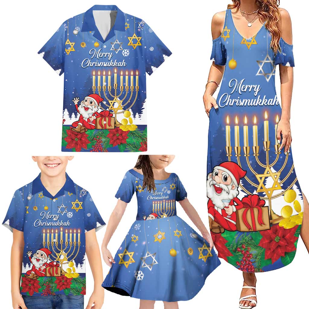 Personalised Merry Chrismukkah Family Matching Summer Maxi Dress and Hawaiian Shirt Hanukkah Memorah Mix Poinsettia - Wonder Print Shop