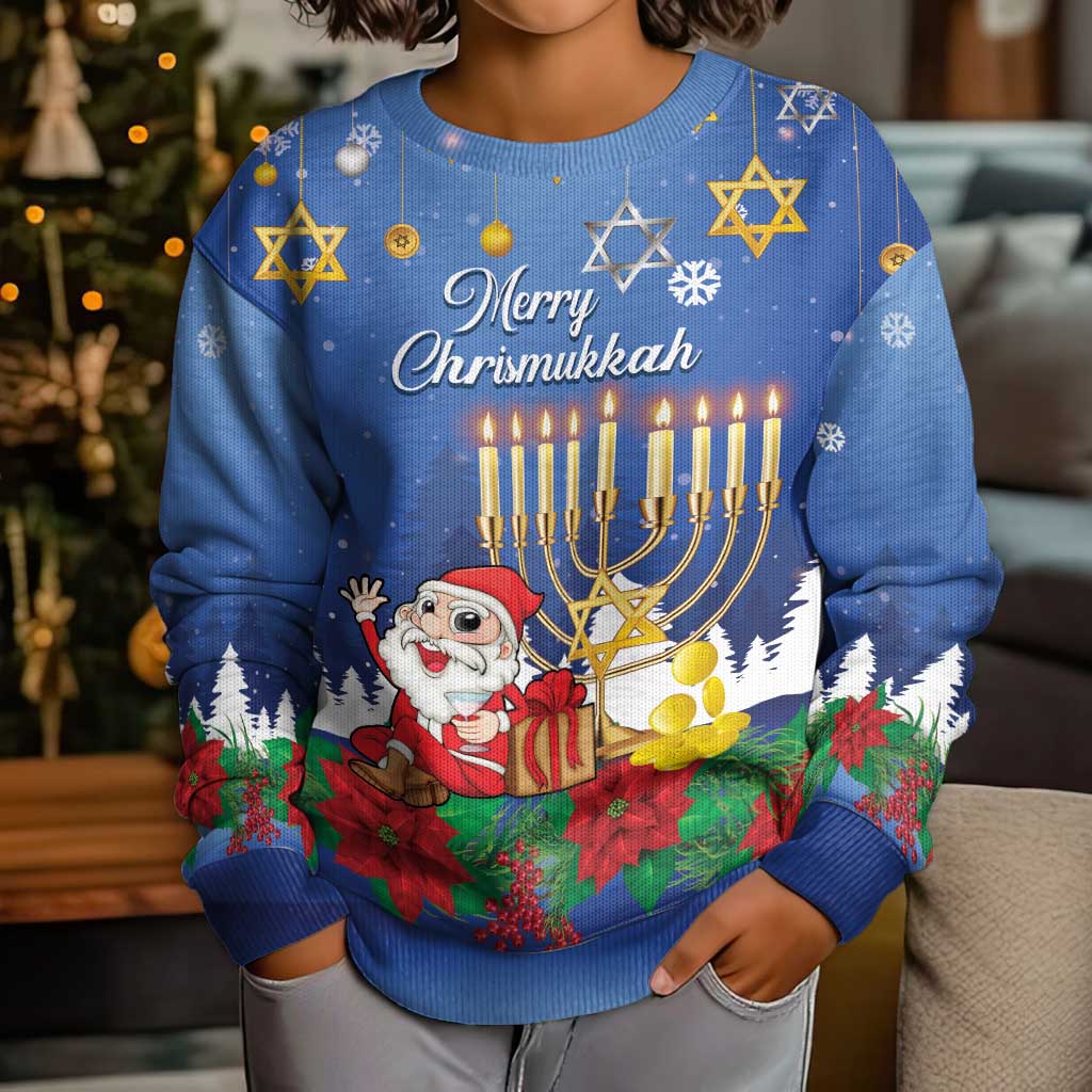 Personalised Merry Chrismukkah Kid Ugly Christmas Sweater Hanukkah Memorah Mix Poinsettia - Wonder Print Shop