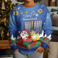 Personalised Merry Chrismukkah Kid Ugly Christmas Sweater Hanukkah Memorah Mix Poinsettia - Wonder Print Shop