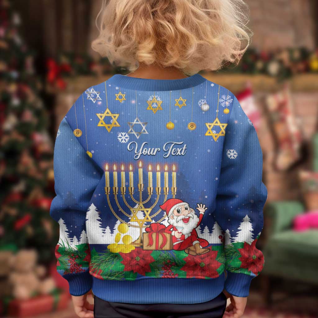 Personalised Merry Chrismukkah Kid Ugly Christmas Sweater Hanukkah Memorah Mix Poinsettia - Wonder Print Shop